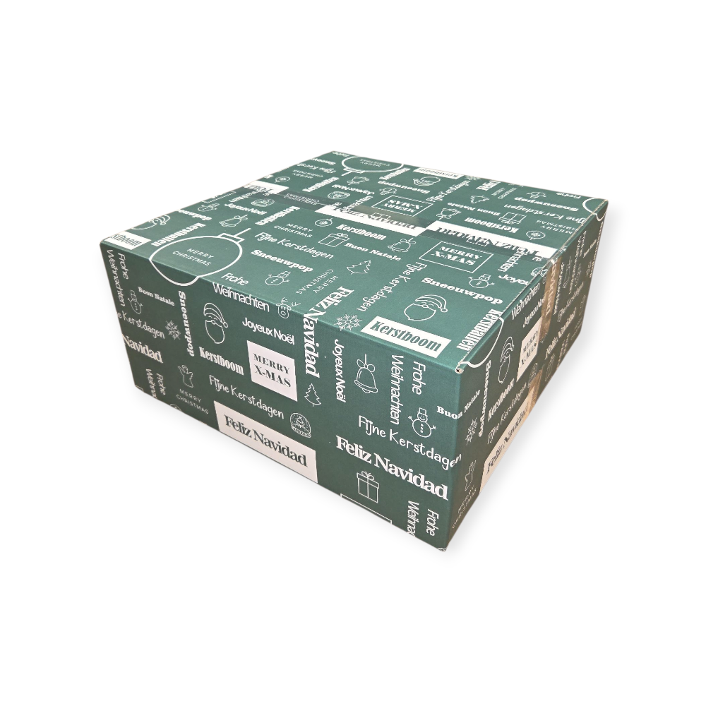 Kerstdoos tekst groen-wit | 440 x 440 x 200 mm