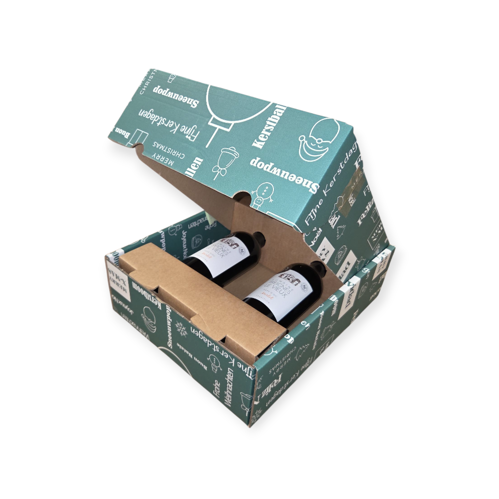 Kerstwijnverpakking tekst groen-wit verzendproof | 353 x 270 x 105 mm