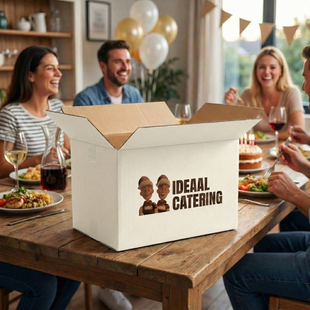 Bedrukte witte kartonnen doos IdeaalCatering