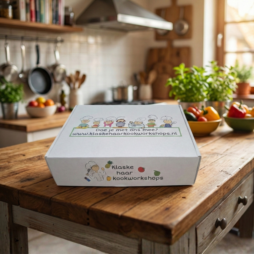 Bedrukte witte postdoos Klaske haar Kookworkshop