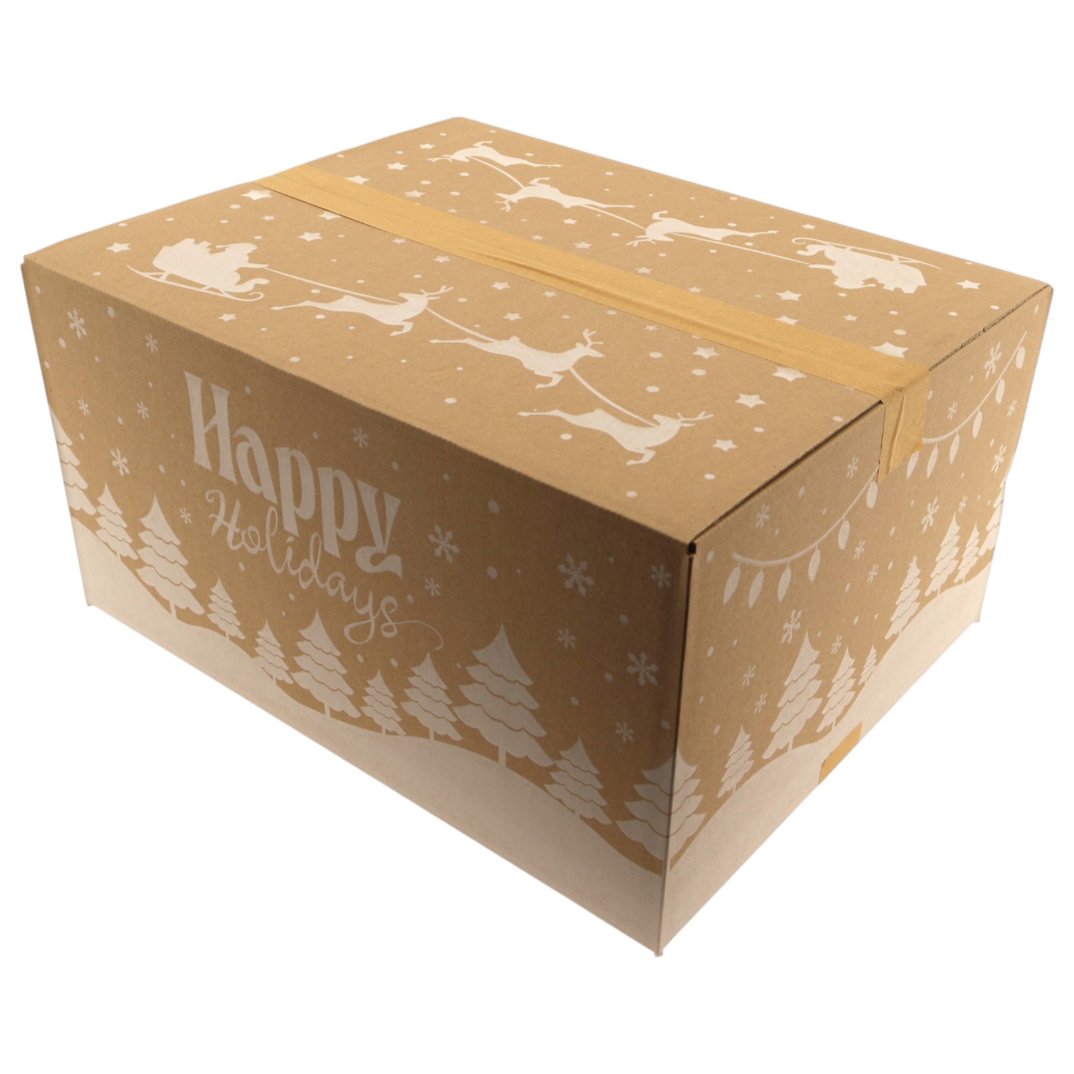 Bruin-witte kerstdoos Happy Holidays 490x390x250 mm voor kerstpakketten